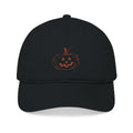 Black baseball cap with embroidered jack-o-lantern pumpkin outline design on the front in a rusty orange color.