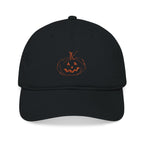Black baseball cap with embroidered jack-o-lantern pumpkin outline design on the front in a rusty orange color.