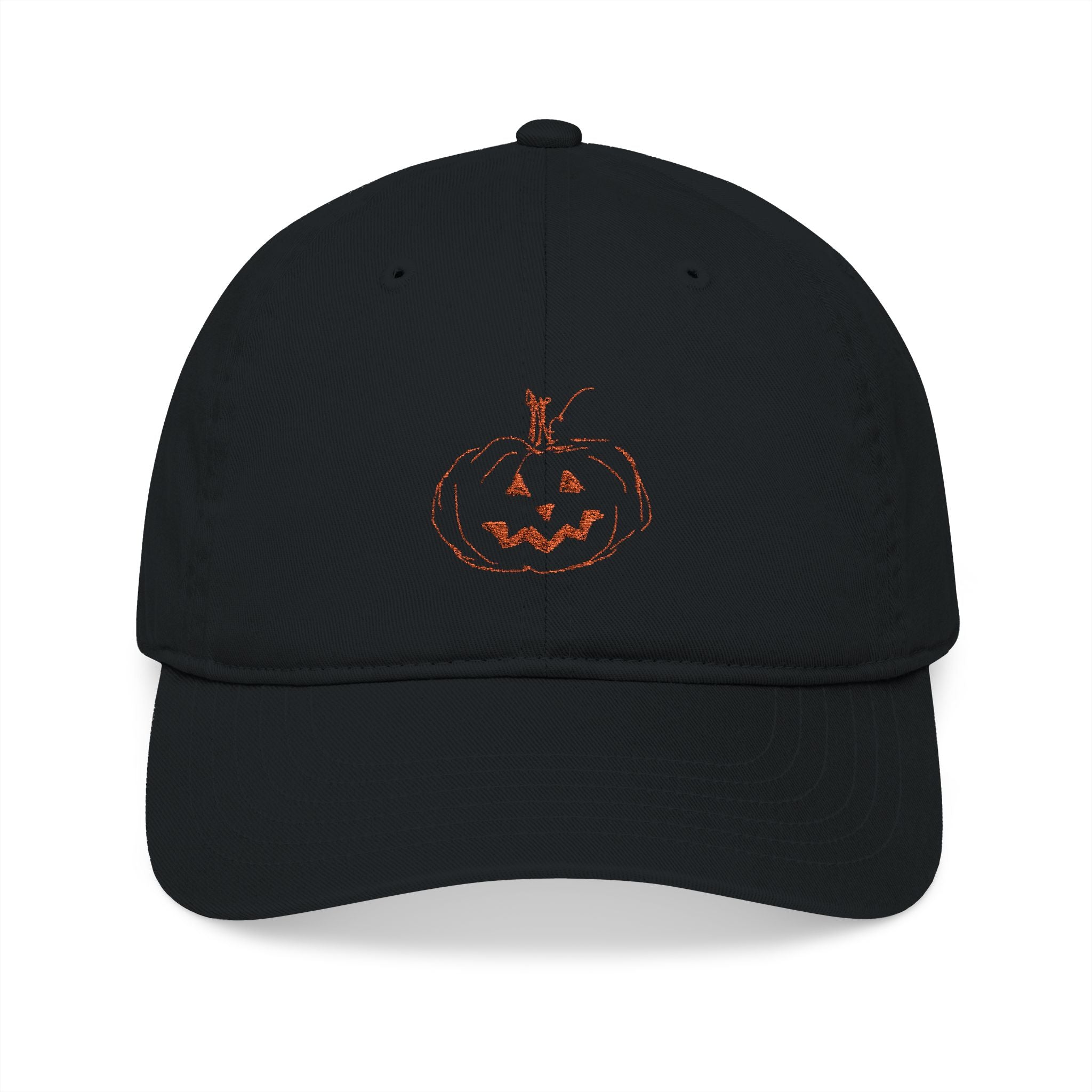 Black baseball cap with embroidered jack-o-lantern pumpkin outline design on the front in a rusty orange color.