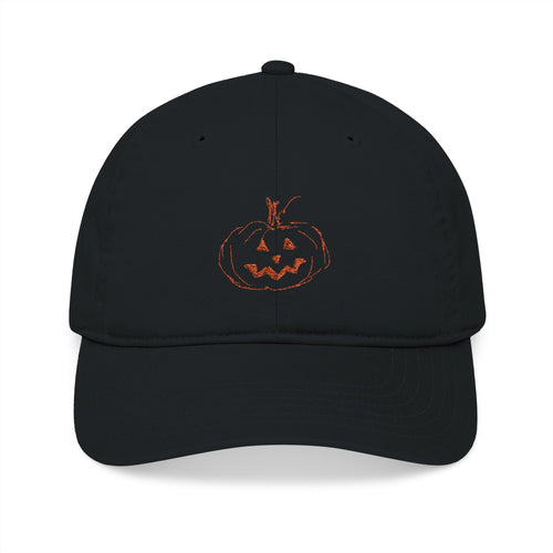 Black baseball cap with embroidered jack-o-lantern pumpkin outline design on the front in a rusty orange color.