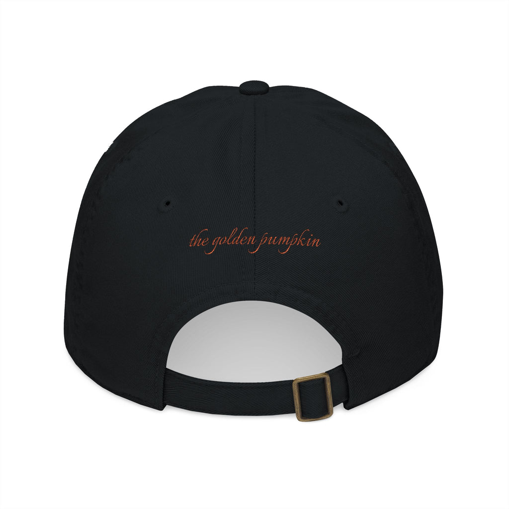 Black baseball cap with text 'the golden pumpkin' on the back, in rusty orange color. The golden pumpkin is the store name.