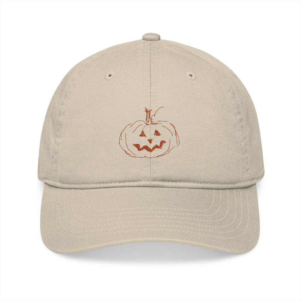 Beige baseball cap with embroidered jack-o-lantern pumpkin outline design on the front in a rusty orange color.